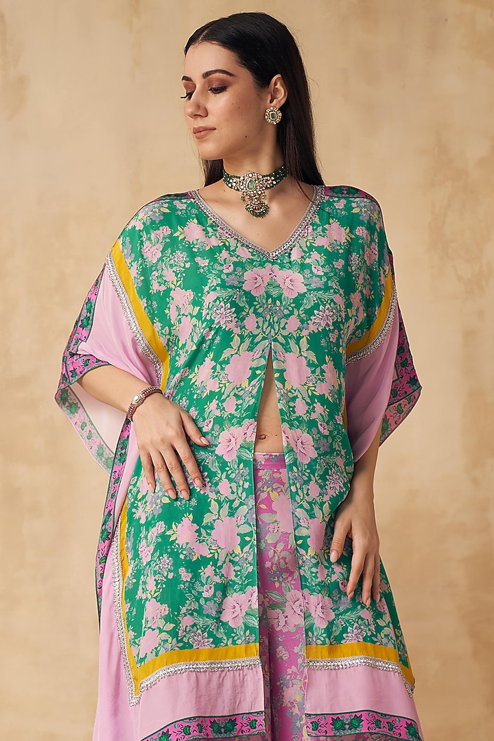 Lilac & Teal Green Printed Kaftan Set by Sakshi Girri at Pernia's Pop Up Shop