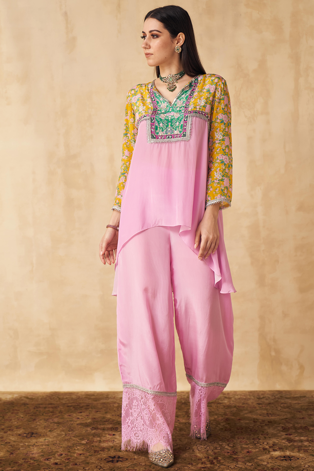 Lavender & Lemon Yellow Printed Short Tunic Set by Sakshi Girri at Pernia's Pop Up Shop