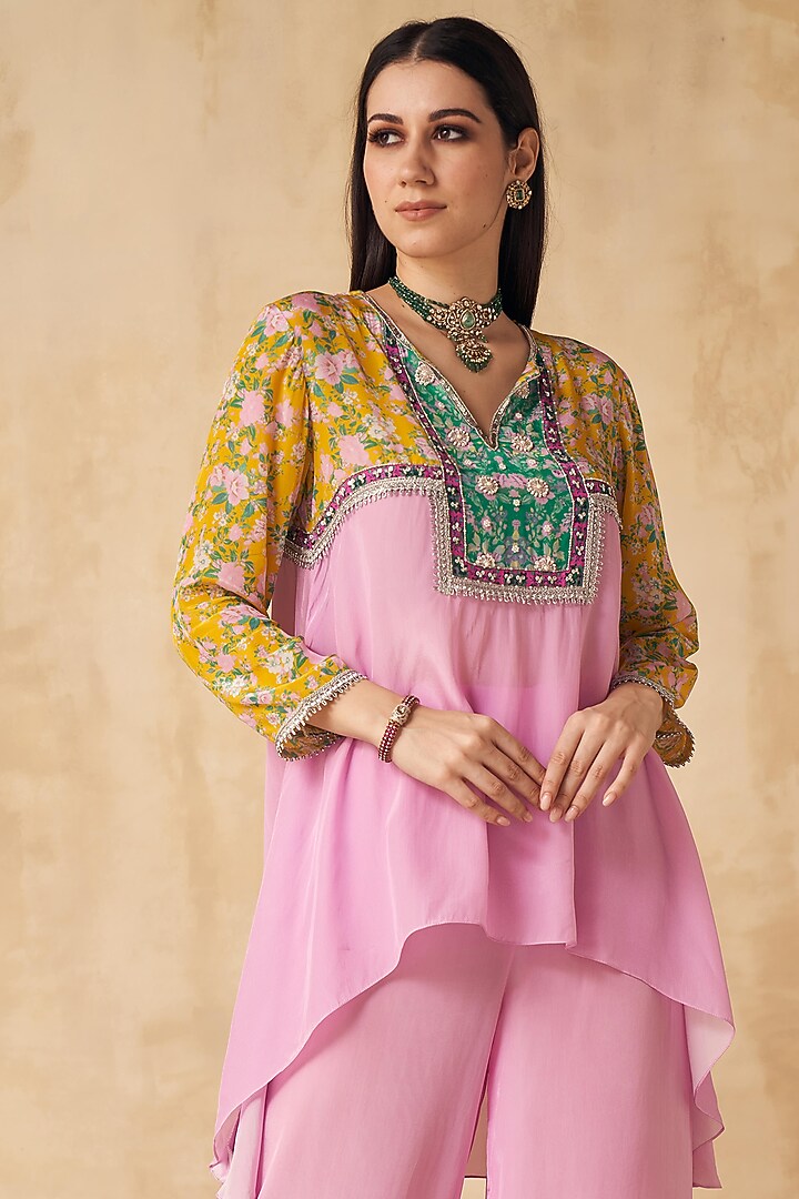 Lavender & Lemon Yellow Printed Short Tunic Set by Sakshi Girri at Pernia's Pop Up Shop