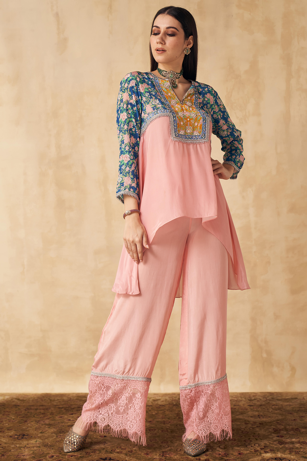 Peach & Cobalt Blue Printed Short Tunic Set by Sakshi Girri at Pernia's Pop Up Shop