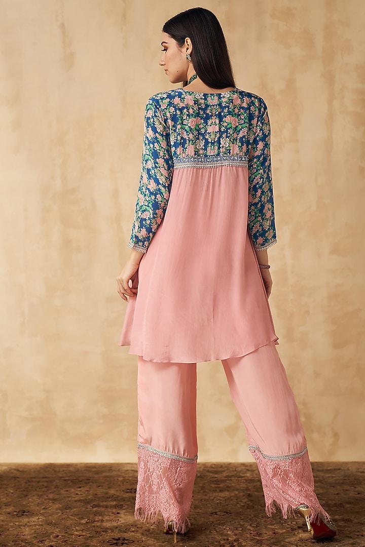 Peach & Cobalt Blue Printed Short Tunic Set by Sakshi Girri at Pernia's Pop Up Shop