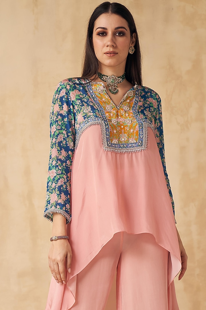 Peach & Cobalt Blue Printed Short Tunic Set by Sakshi Girri at Pernia's Pop Up Shop