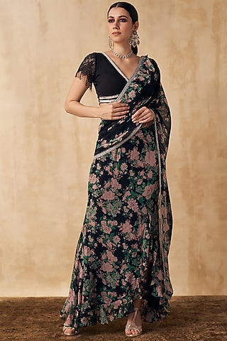 Black Organza Floral Printed Pre-Stitched Saree Set by Sakshi Girri