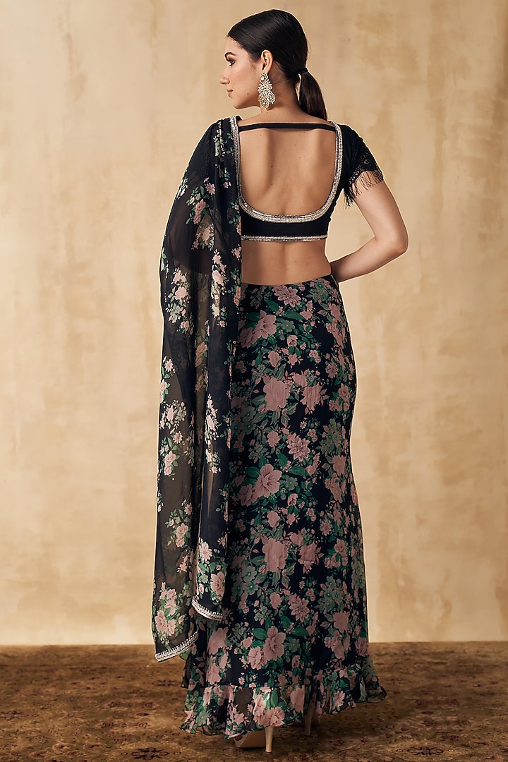 Black Organza Floral Printed Pre-Stitched Wedding Saree Set by Sakshi Girri at Pernia's Pop Up Shop