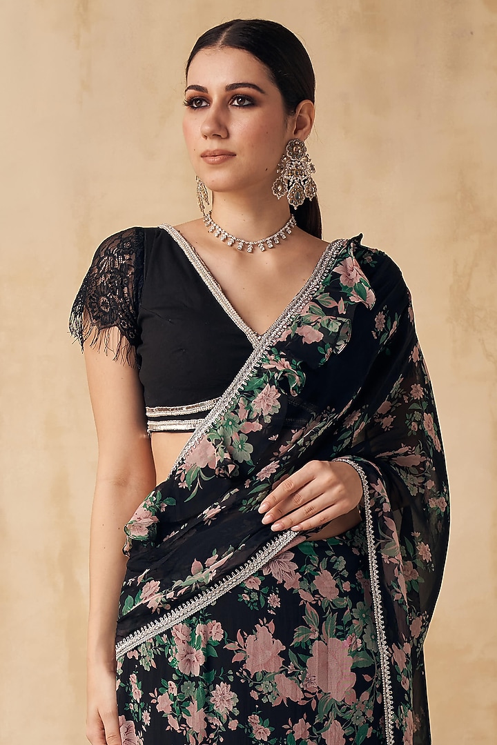 Black Organza Floral Printed Pre-Stitched Wedding Saree Set by Sakshi Girri at Pernia's Pop Up Shop