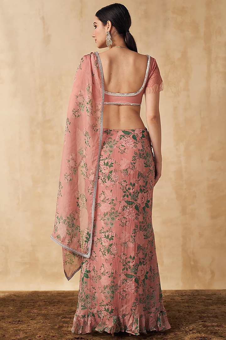 Salmon Printed Pre-Stitched Wedding Saree Set by Sakshi Girri at Pernia's Pop Up Shop
