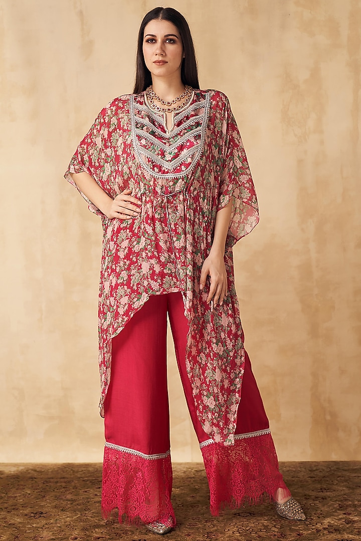 Ruby Pink Printed & Embellished Kaftan Set by Sakshi Girri at Pernia's Pop Up Shop