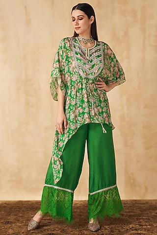 Green Printed & Embellished Kaftan Set by Sakshi Girri