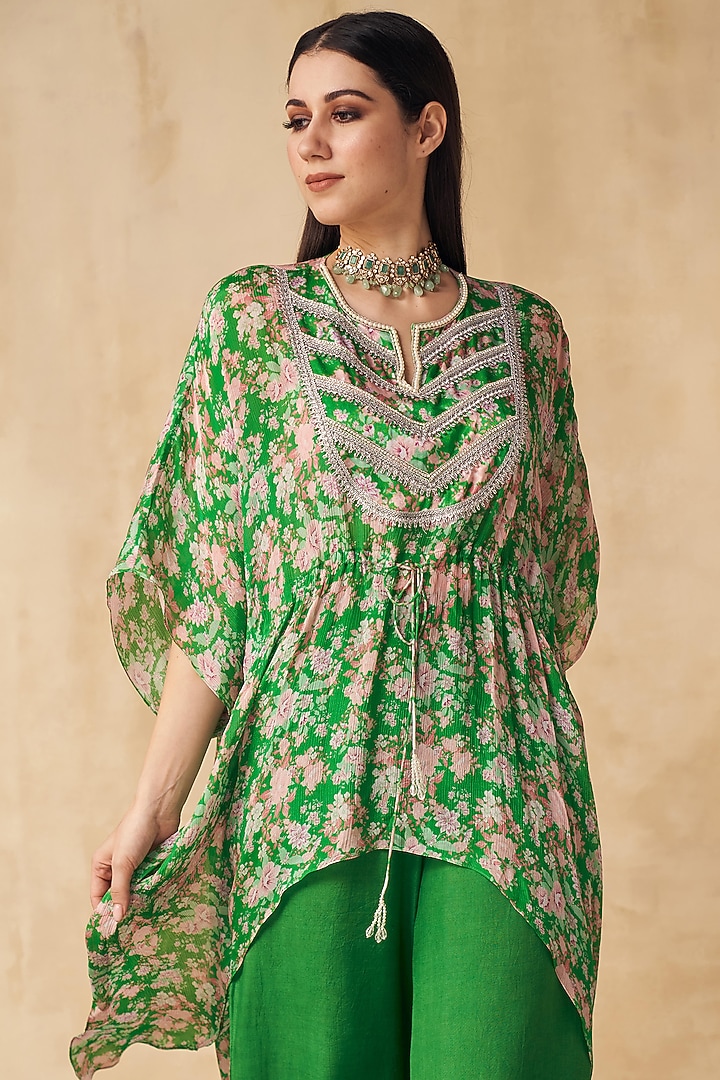 Green Printed & Embellished Kaftan Set by Sakshi Girri at Pernia's Pop Up Shop