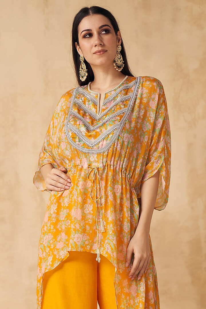 Honey Yellow Printed & Embellished Kaftan Set by Sakshi Girri at Pernia's Pop Up Shop