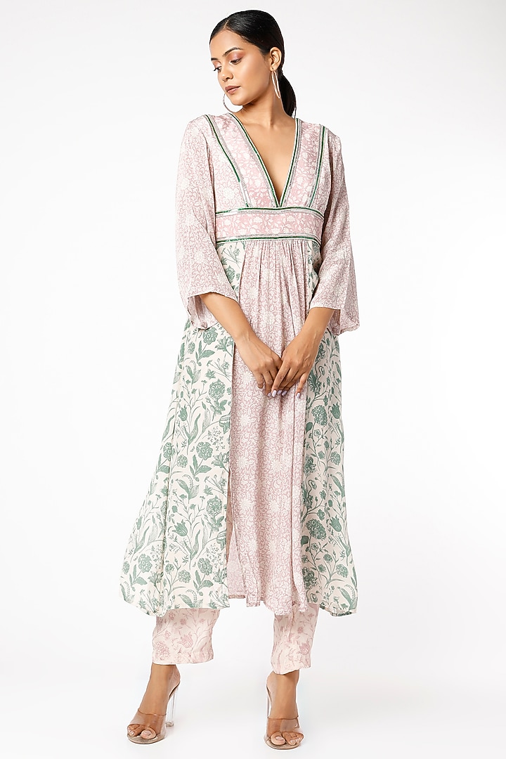 Pine Green & Blush Pink Embroidered Tunic Set by Sakshi Girri at Pernia's Pop Up Shop