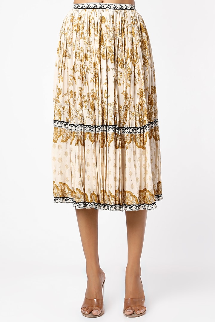 Dark Beige & Off-White Wrinkled Cotton Floral Printed Skirt Set by Sakshi Girri at Pernia's Pop Up Shop