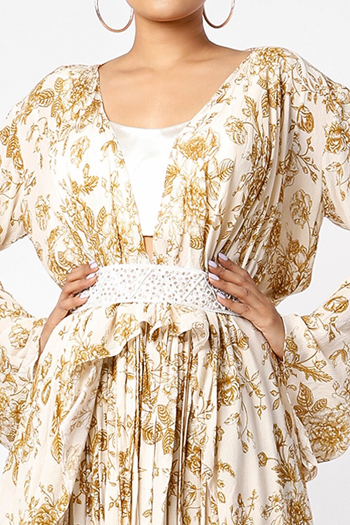 Dark Beige & Off-White Wrinkled Cotton Floral Printed Skirt Set by Sakshi Girri at Pernia's Pop Up Shop