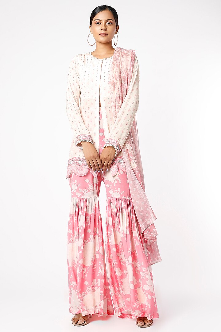 Blush Pink & Off White Printed Sharara Set by Sakshi Girri