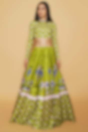 Green Cotton Lycra Floral Printed Flared Wedding Lehenga Set by Sakshi Girri at Pernia's Pop Up Shop