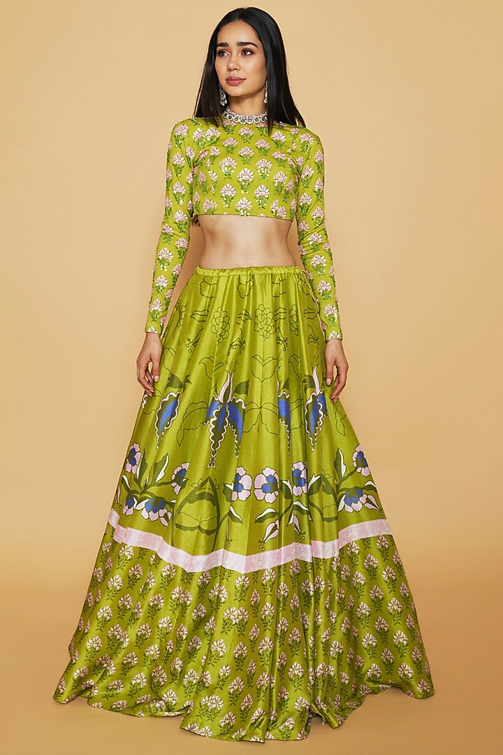 Green Cotton Lycra Floral Printed Flared Wedding Lehenga Set by Sakshi Girri at Pernia's Pop Up Shop