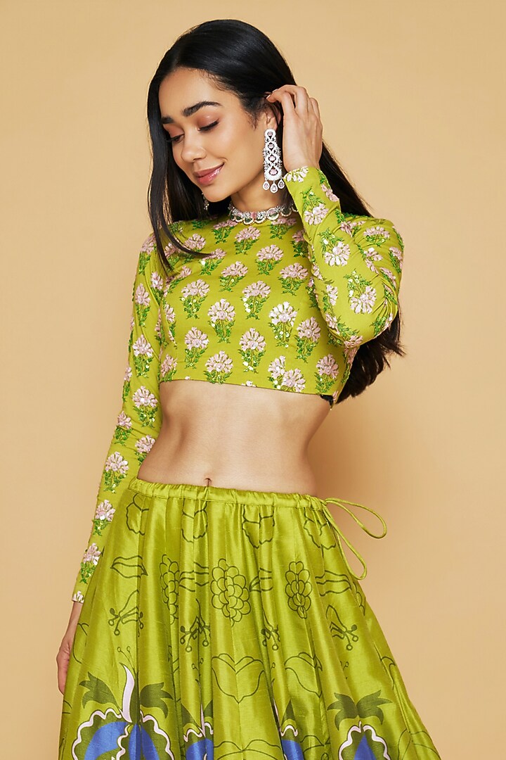 Green Cotton Lycra Floral Printed Flared Wedding Lehenga Set by Sakshi Girri at Pernia's Pop Up Shop