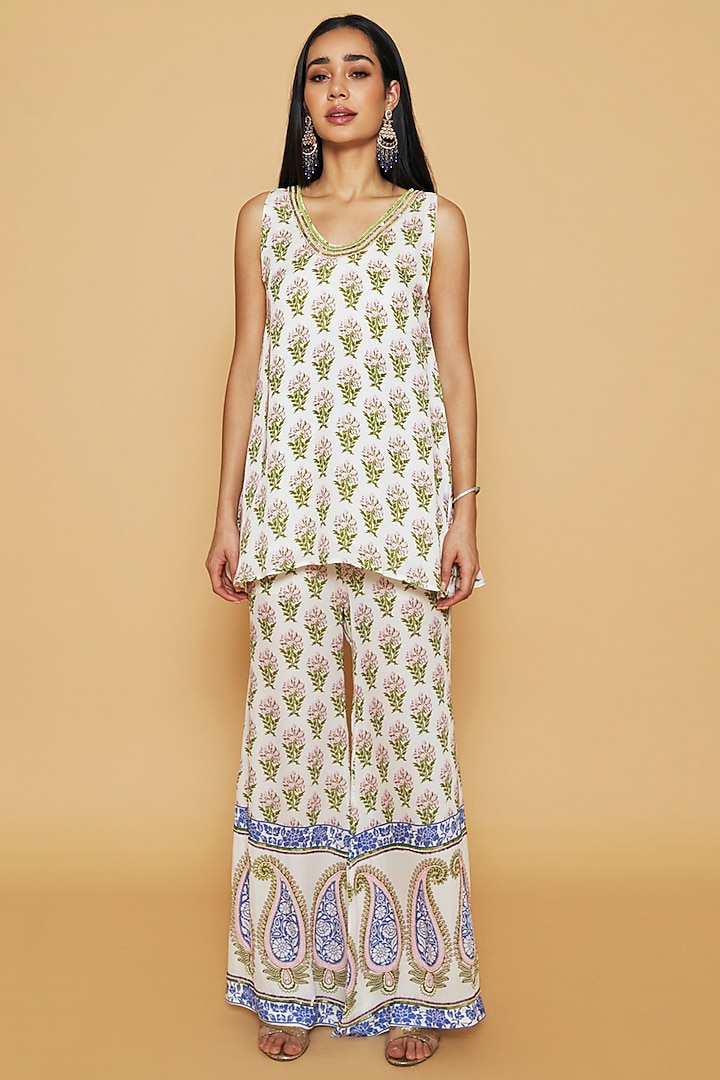 Ivory & Blue Double Georgette Printed Bell-Bottom Pant Set by Sakshi Girri at Pernia's Pop Up Shop