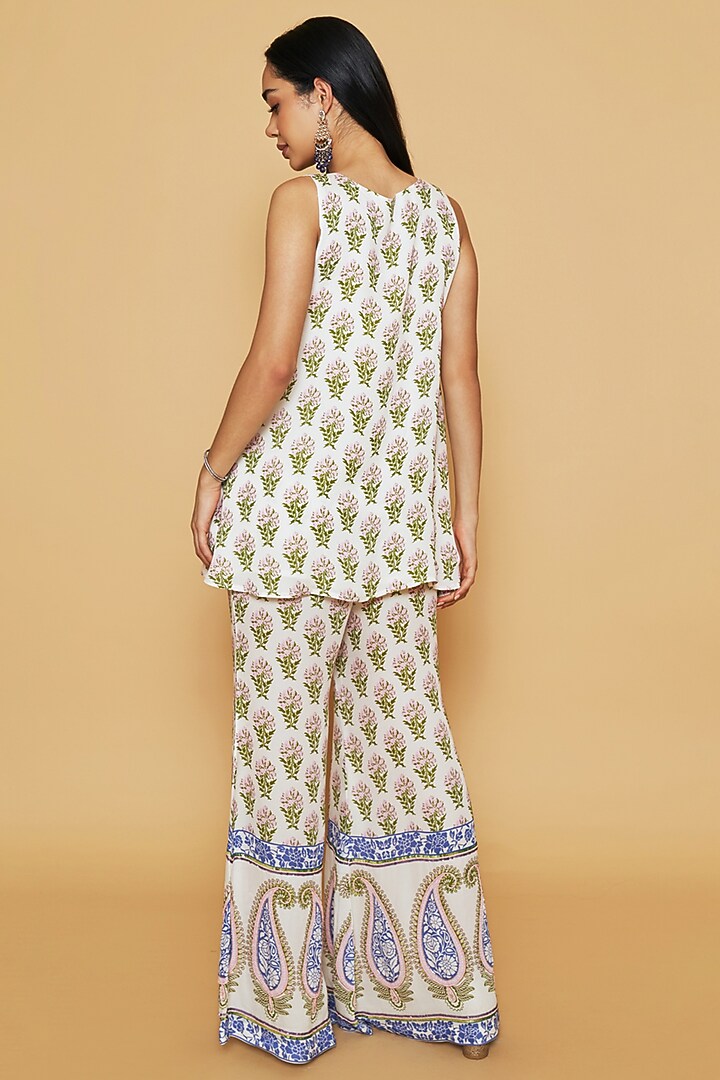 Ivory & Blue Double Georgette Printed Bell-Bottom Pant Set by Sakshi Girri at Pernia's Pop Up Shop