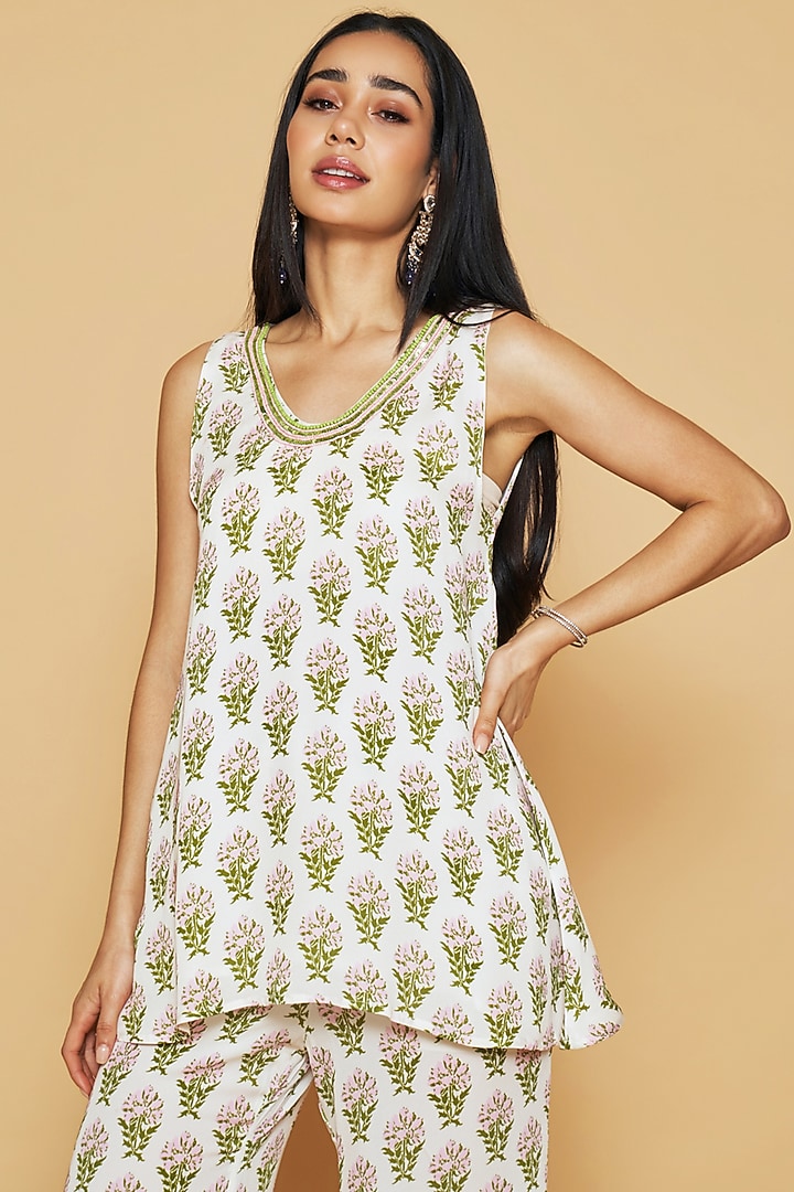 Ivory & Blue Double Georgette Printed Bell-Bottom Pant Set by Sakshi Girri at Pernia's Pop Up Shop