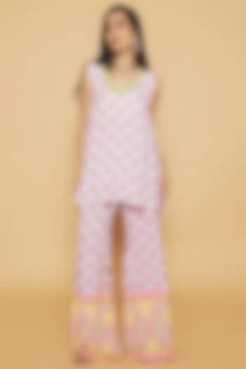 Pink & Yellow Double Georgette Printed Bell-Bottom Pant Set by Sakshi Girri at Pernia's Pop Up Shop