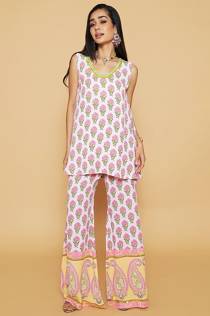Pink & Yellow Double Georgette Printed Bell-Bottom Pant Set by Sakshi Girri at Pernia's Pop Up Shop