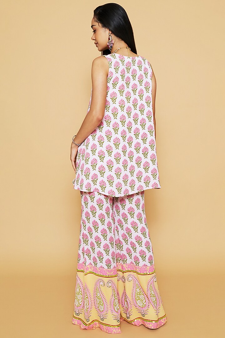 Pink & Yellow Double Georgette Printed Bell-Bottom Pant Set by Sakshi Girri at Pernia's Pop Up Shop