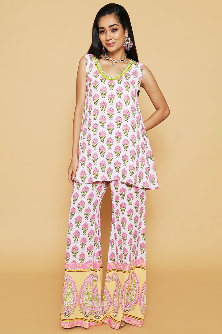 Pink & Yellow Double Georgette Printed Bell-Bottom Pant Set by Sakshi Girri at Pernia's Pop Up Shop