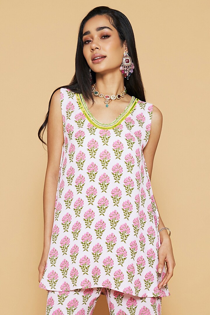 Pink & Yellow Double Georgette Printed Bell-Bottom Pant Set by Sakshi Girri at Pernia's Pop Up Shop