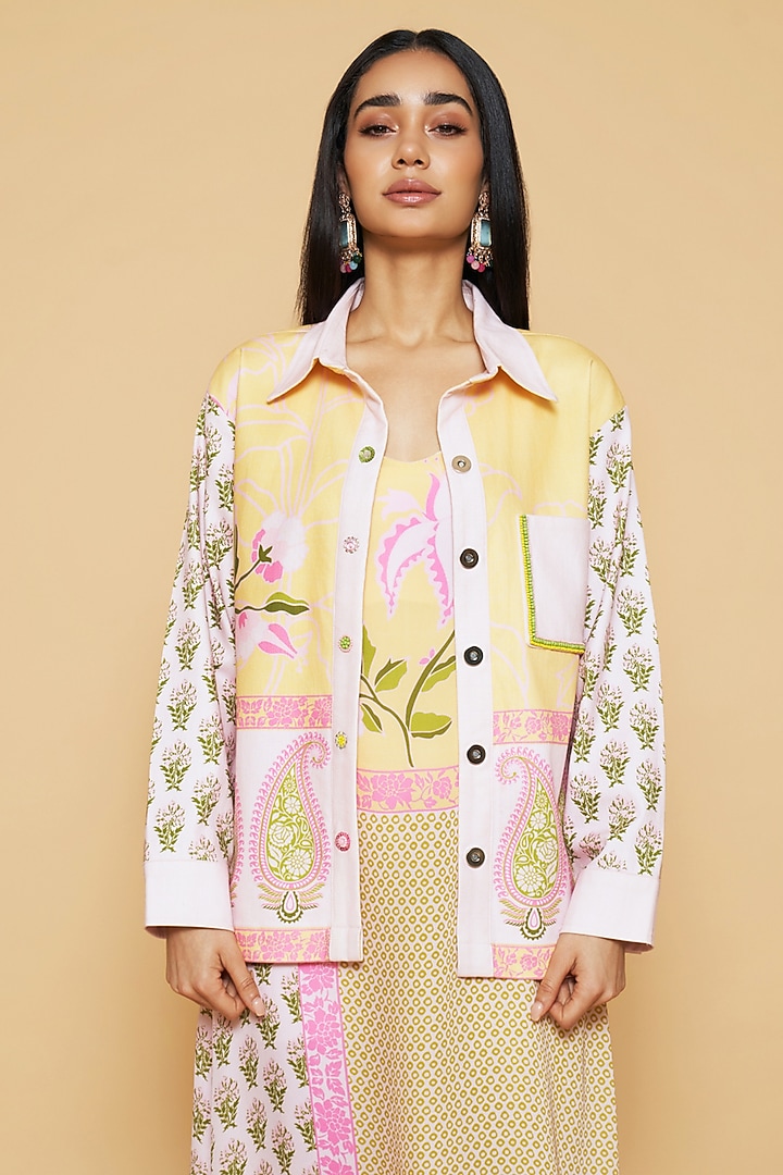 Pink & Yellow Cotton Twill Floral Printed Jacket by Sakshi Girri at Pernia's Pop Up Shop