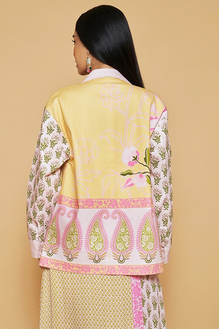 Pink & Yellow Cotton Twill Floral Printed Jacket by Sakshi Girri at Pernia's Pop Up Shop