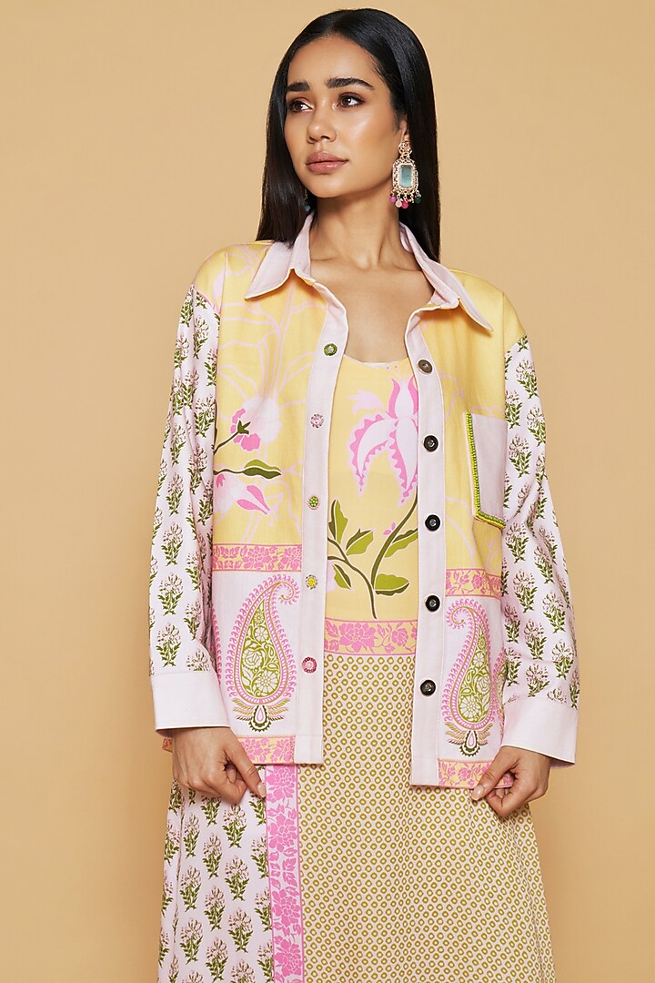 Pink & Yellow Cotton Twill Floral Printed Jacket by Sakshi Girri at Pernia's Pop Up Shop