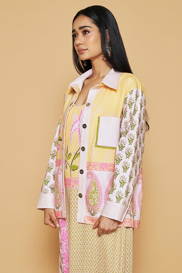 Pink & Yellow Cotton Twill Floral Printed Jacket by Sakshi Girri at Pernia's Pop Up Shop