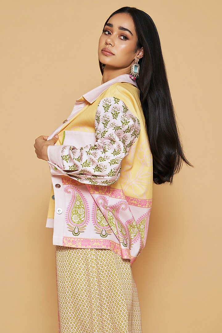 Pink & Yellow Cotton Twill Floral Printed Jacket by Sakshi Girri at Pernia's Pop Up Shop