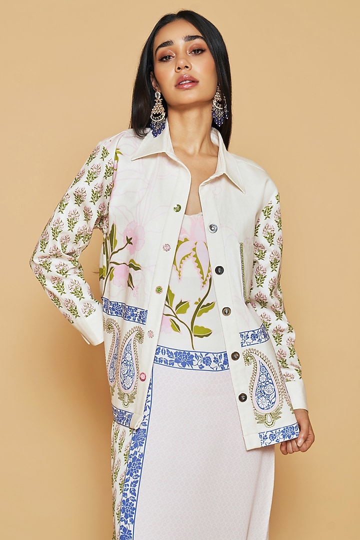 Ivory & Blue Cotton Twill Floral Printed Jacket by Sakshi Girri at Pernia's Pop Up Shop