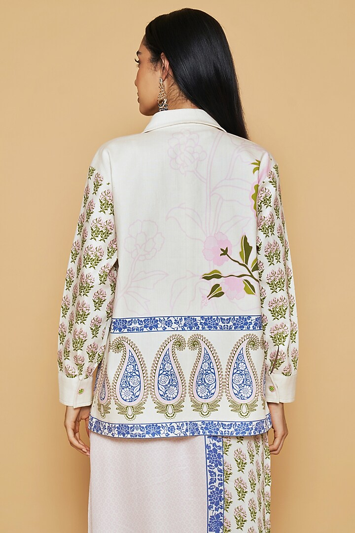 Ivory & Blue Cotton Twill Floral Printed Jacket by Sakshi Girri at Pernia's Pop Up Shop