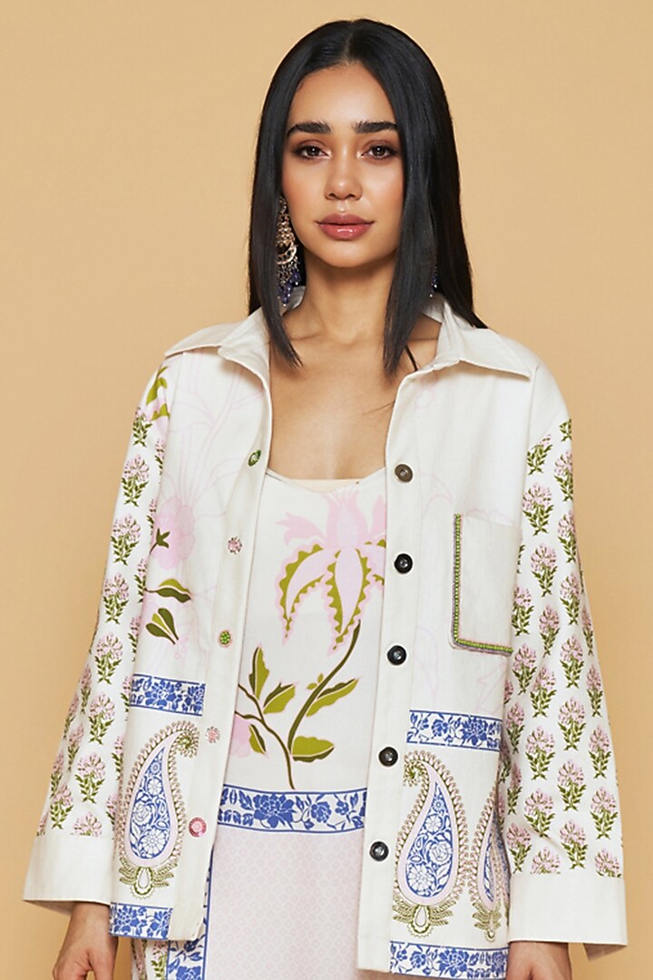 Ivory & Blue Cotton Twill Floral Printed Jacket by Sakshi Girri at Pernia's Pop Up Shop