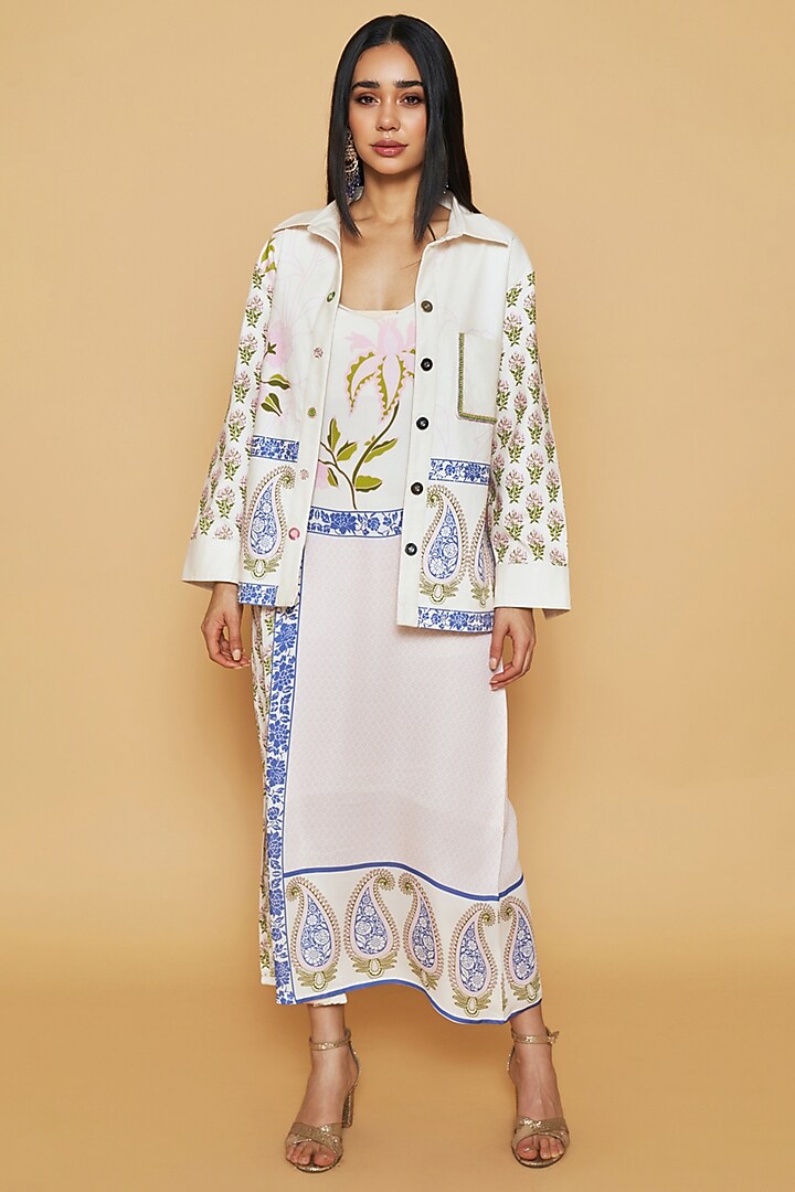 Ivory & Blue Cotton Twill Floral Printed Jacket by Sakshi Girri at Pernia's Pop Up Shop