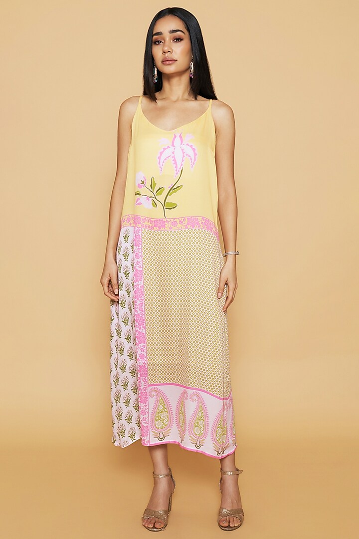 Pink & Yellow Double Georgette Floral Printed Midi Summer Dress by Sakshi Girri at Pernia's Pop Up Shop