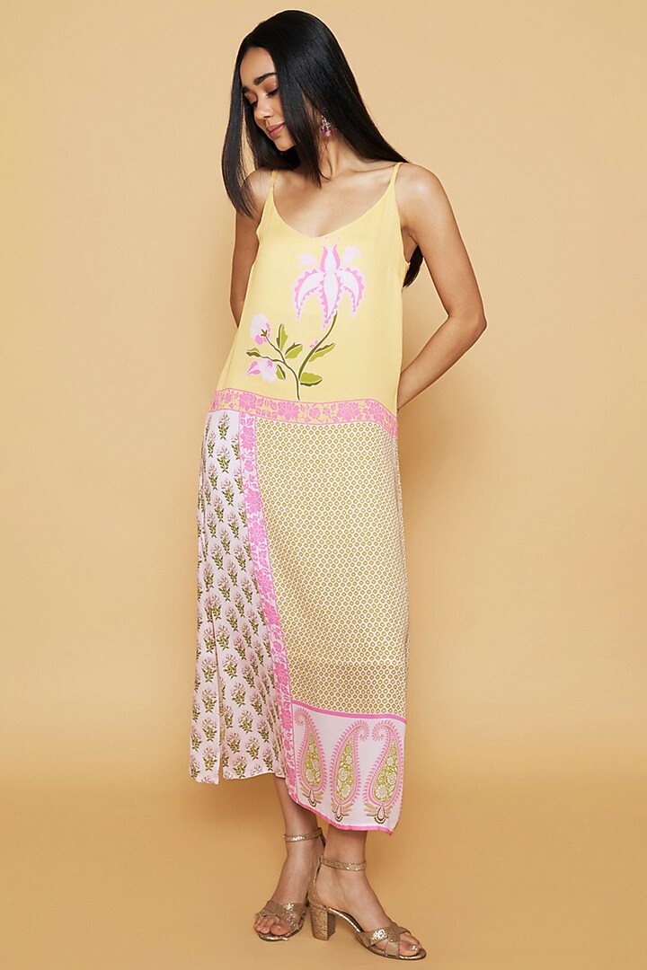 Pink & Yellow Double Georgette Floral Printed Midi Summer Dress by Sakshi Girri at Pernia's Pop Up Shop
