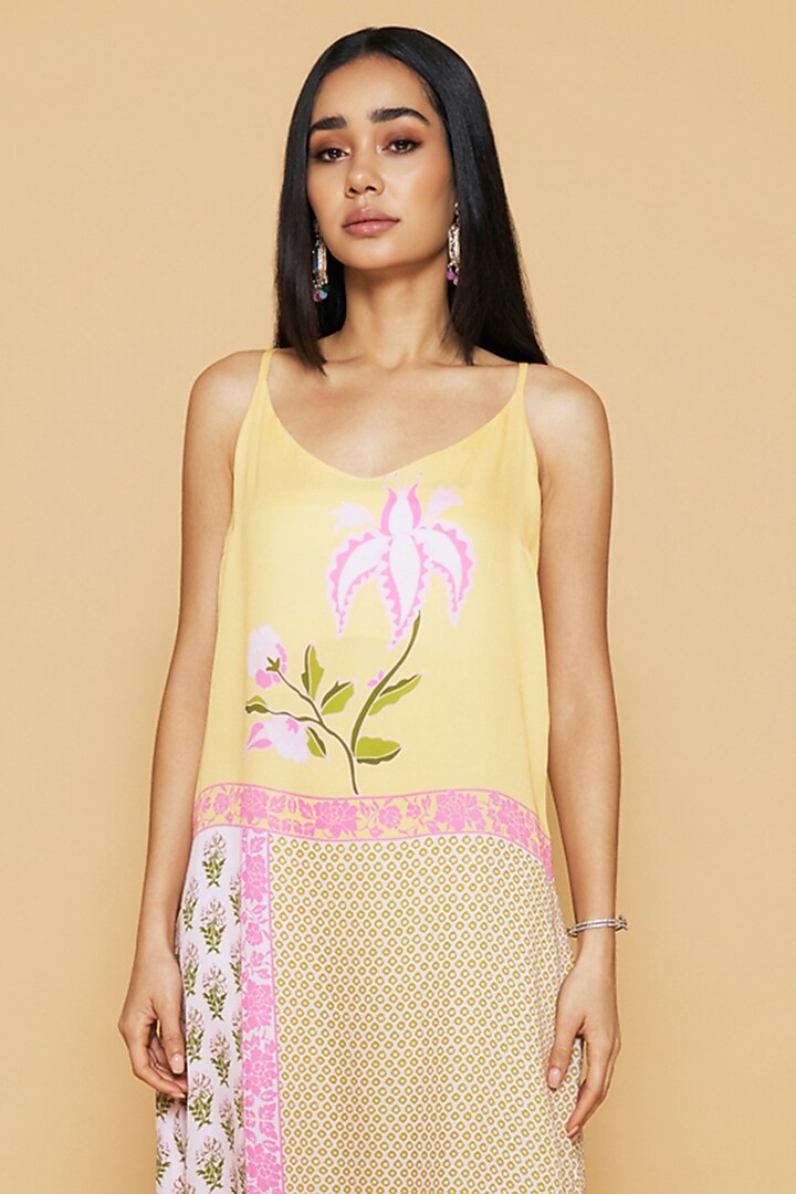 Pink & Yellow Double Georgette Floral Printed Midi Summer Dress by Sakshi Girri at Pernia's Pop Up Shop