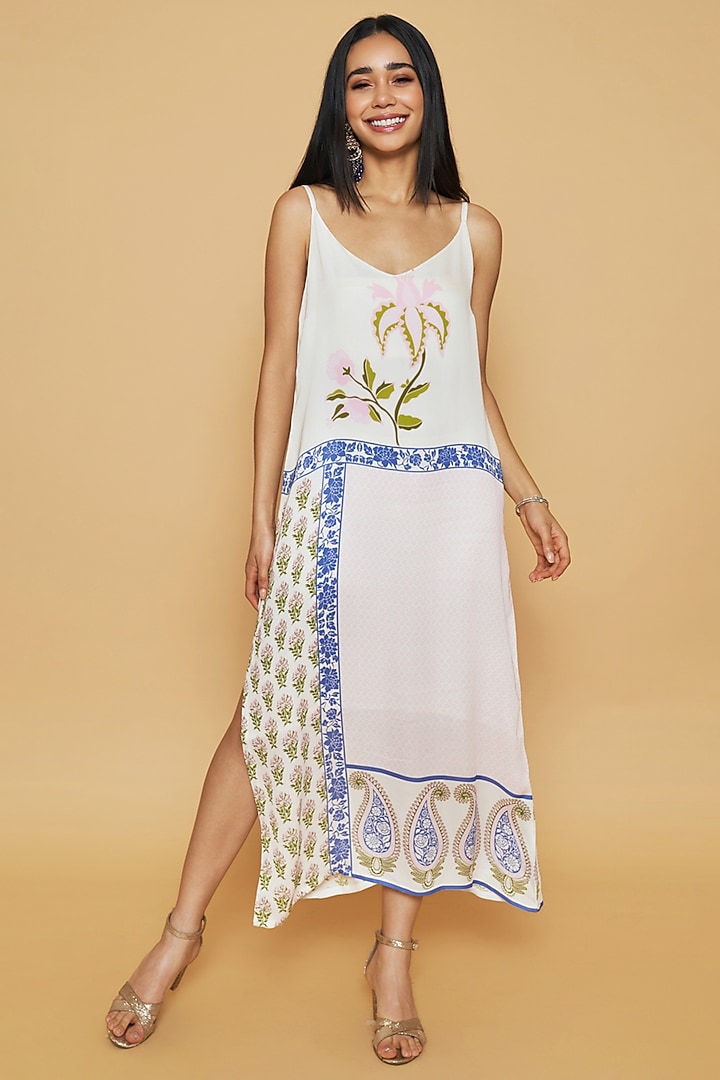 Ivory & Blue Double Georgette Floral Printed Midi Summer Dress by Sakshi Girri at Pernia's Pop Up Shop