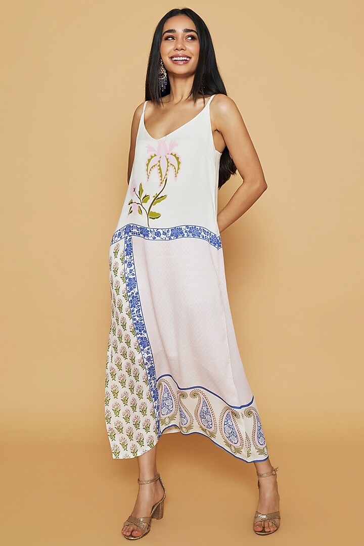 Ivory & Blue Double Georgette Floral Printed Midi Summer Dress by Sakshi Girri at Pernia's Pop Up Shop