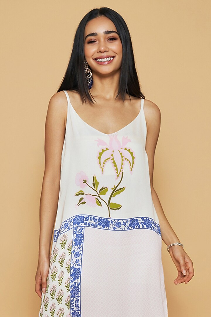 Ivory & Blue Double Georgette Floral Printed Midi Summer Dress by Sakshi Girri at Pernia's Pop Up Shop