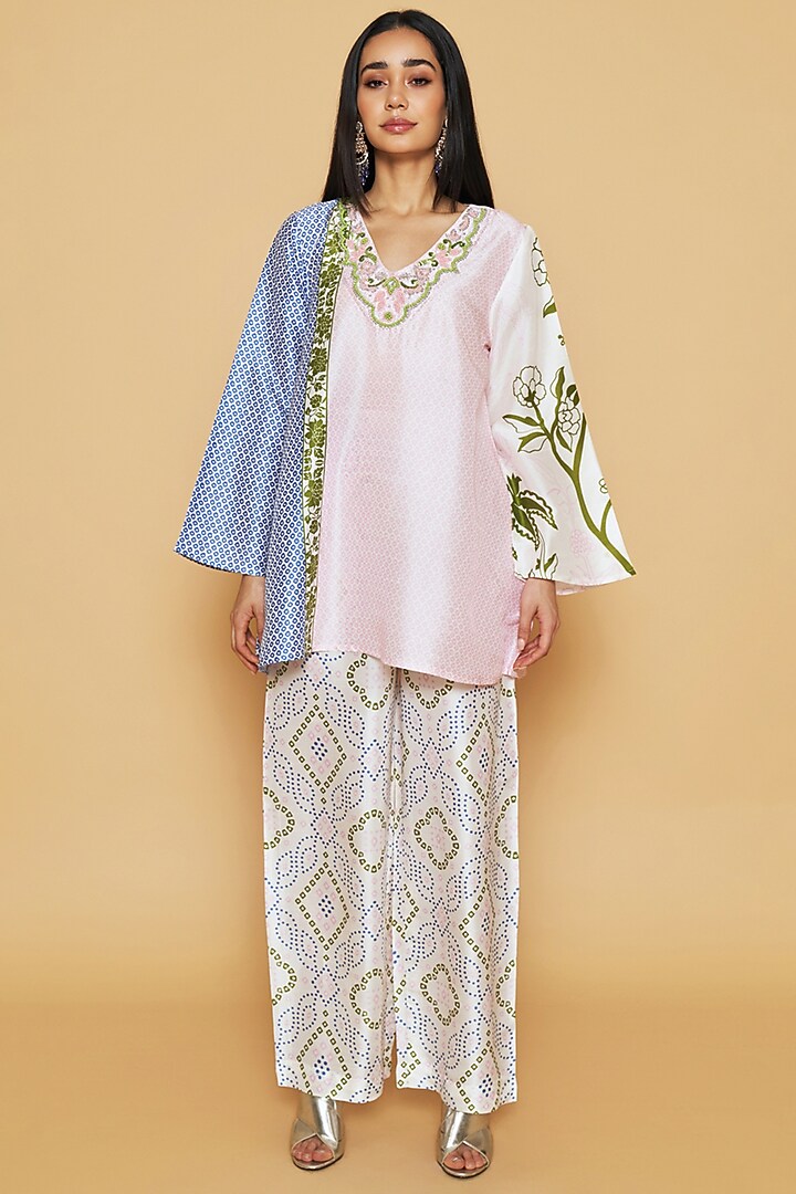 Blue & Pink Dupion Silk Floral Printed Tunic Set by Sakshi Girri at Pernia's Pop Up Shop
