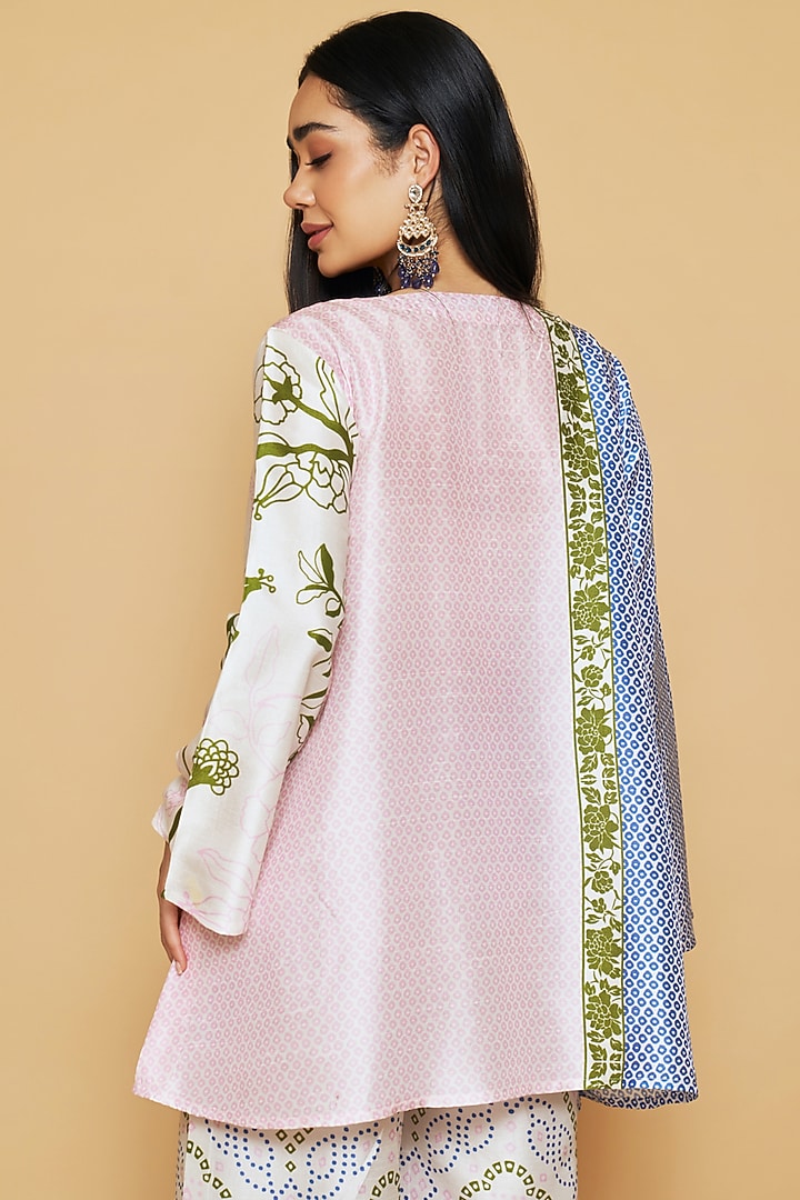 Blue & Pink Dupion Silk Floral Printed Tunic Set by Sakshi Girri at Pernia's Pop Up Shop