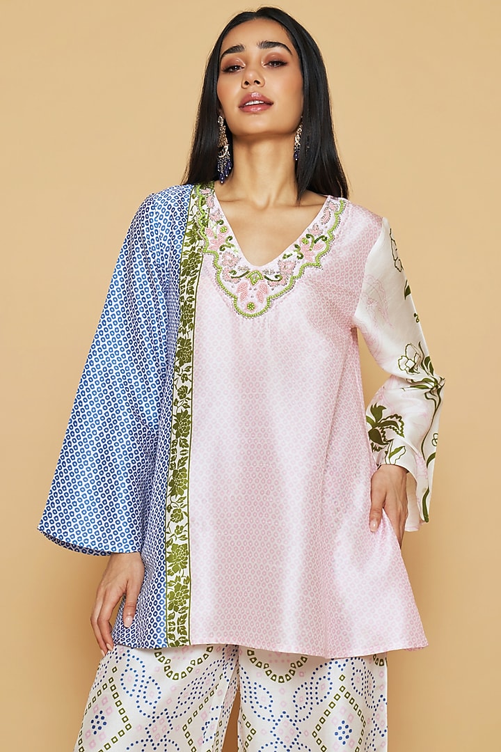 Blue & Pink Dupion Silk Floral Printed Tunic Set by Sakshi Girri at Pernia's Pop Up Shop
