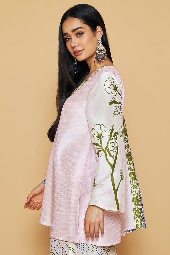 Blue & Pink Dupion Silk Floral Printed Tunic Set by Sakshi Girri at Pernia's Pop Up Shop