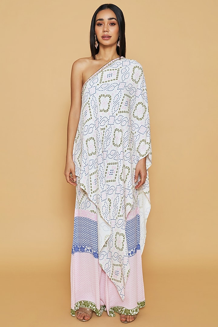Blue & Pink Dupion Silk Floral Printed One-Shoulder Tunic Set by Sakshi Girri at Pernia's Pop Up Shop