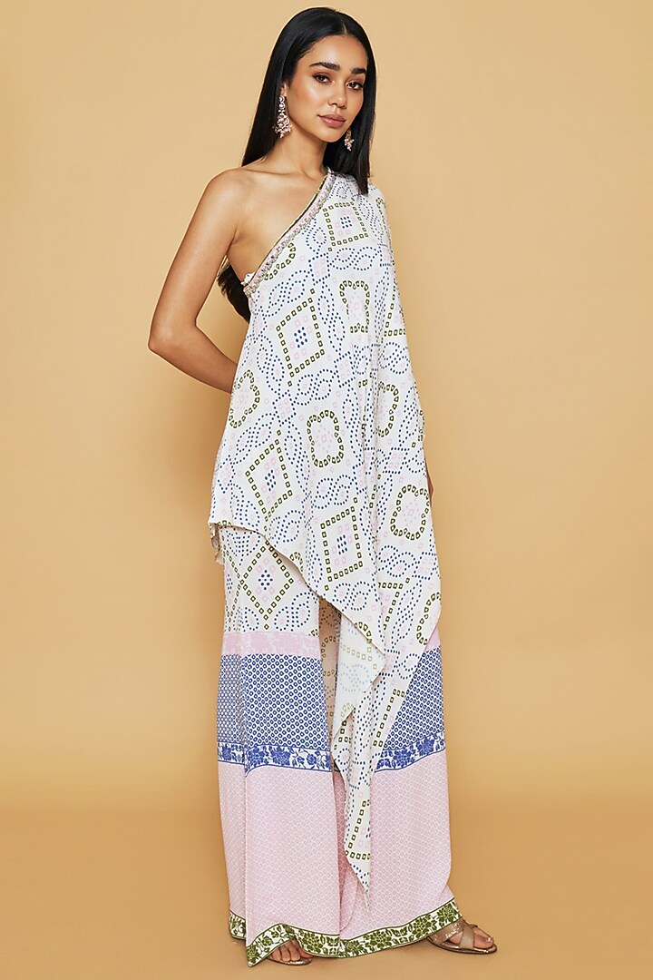 Blue & Pink Dupion Silk Floral Printed One-Shoulder Tunic Set by Sakshi Girri at Pernia's Pop Up Shop